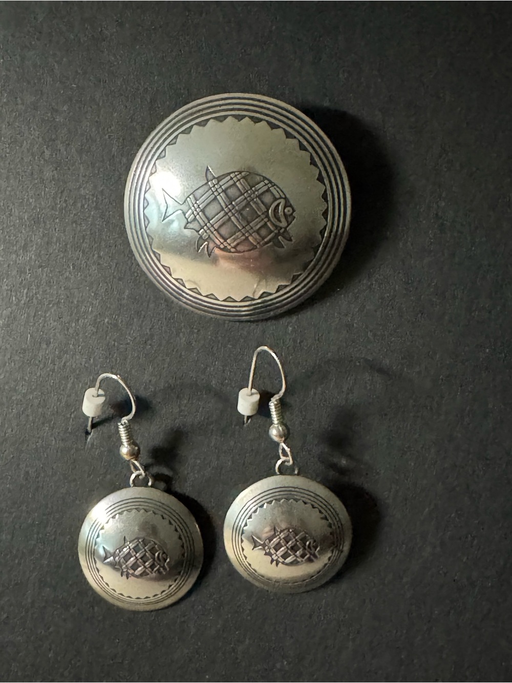 Vintage TSM Sterling Silver Southwestern fish design brooch & earrings set